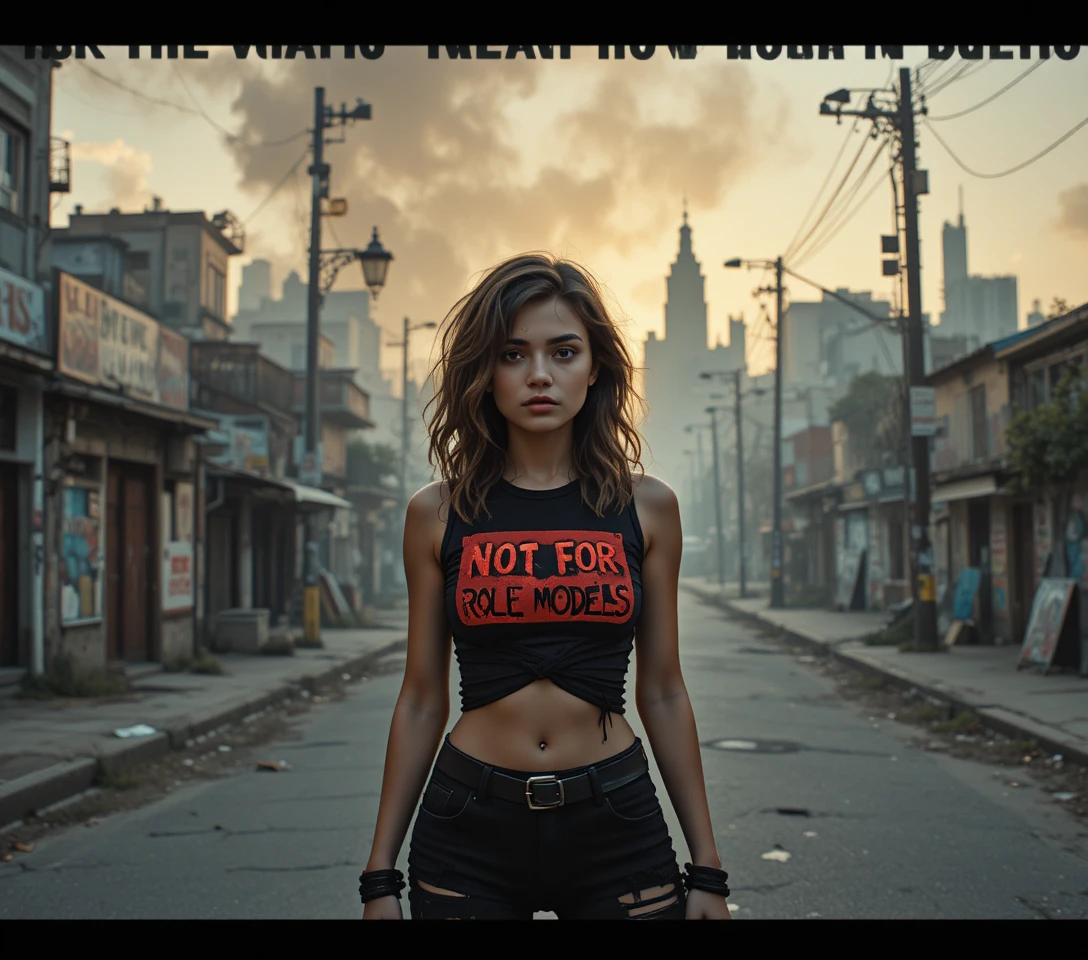 Jovem mulher desafiadora em rua urbana com grafite enevoada