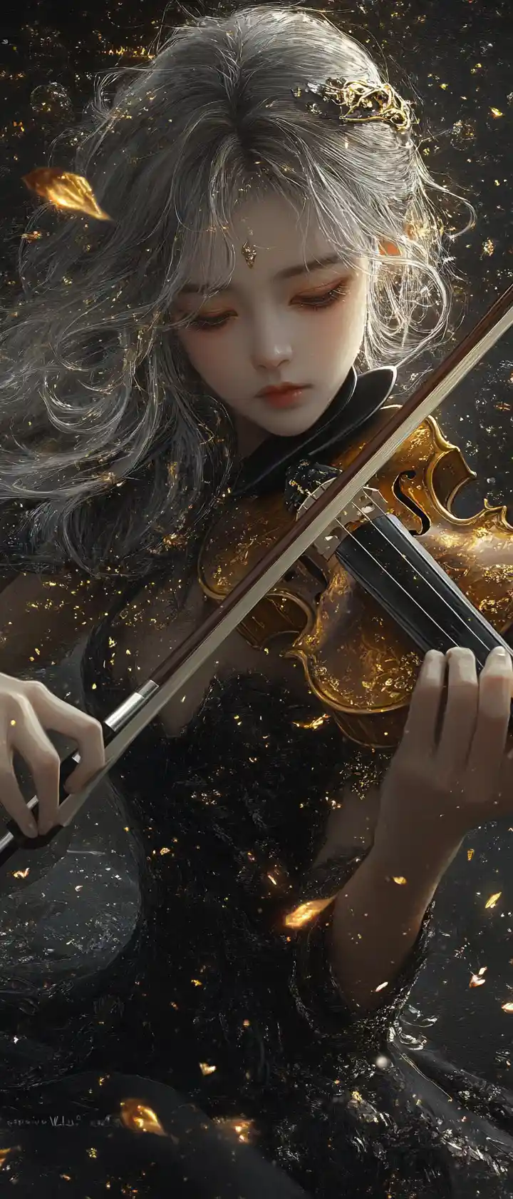 Ethereal golden haired girl playing violin in darkness