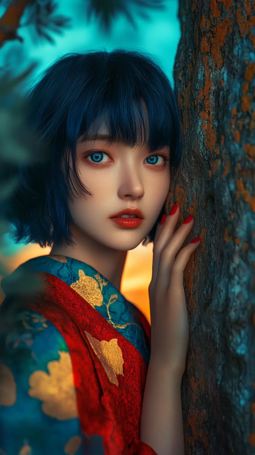 Ragazza in kimono rosso nascosta dietro un albero dalla corteccia materica