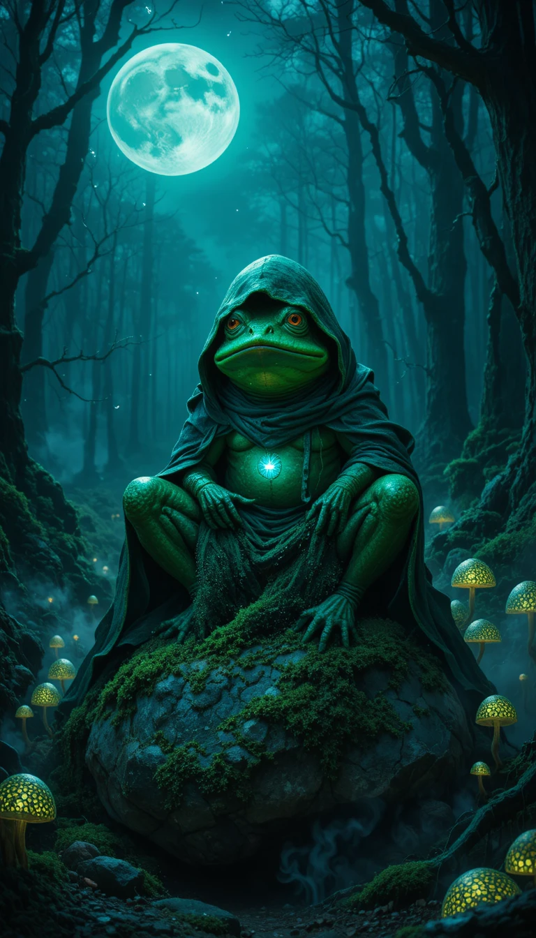 Crapaud mystique à capuche sur pierre moussue dans une forêt au clair de lune