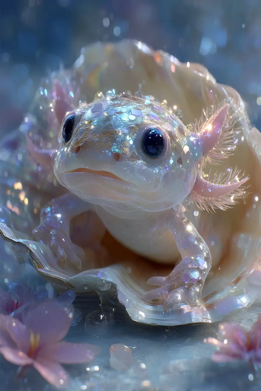 Dolce creatura fantasy neonata che emerge dalle conchiglie