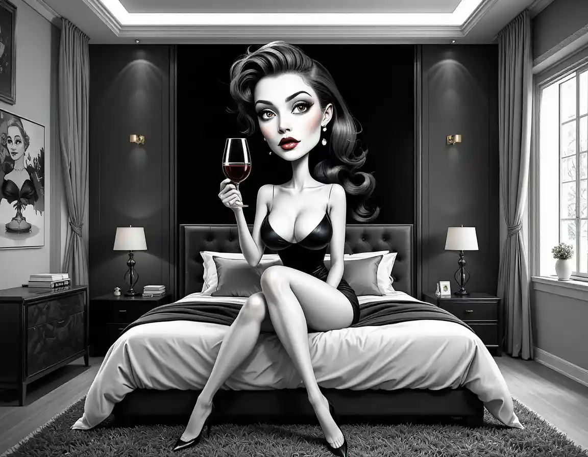 Sensual black and white woman on bed with wine glass