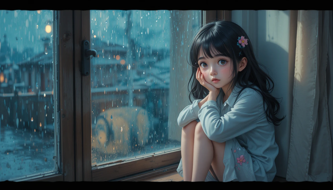 雨天窗邊憂傷的少女，柔和粉彩風格