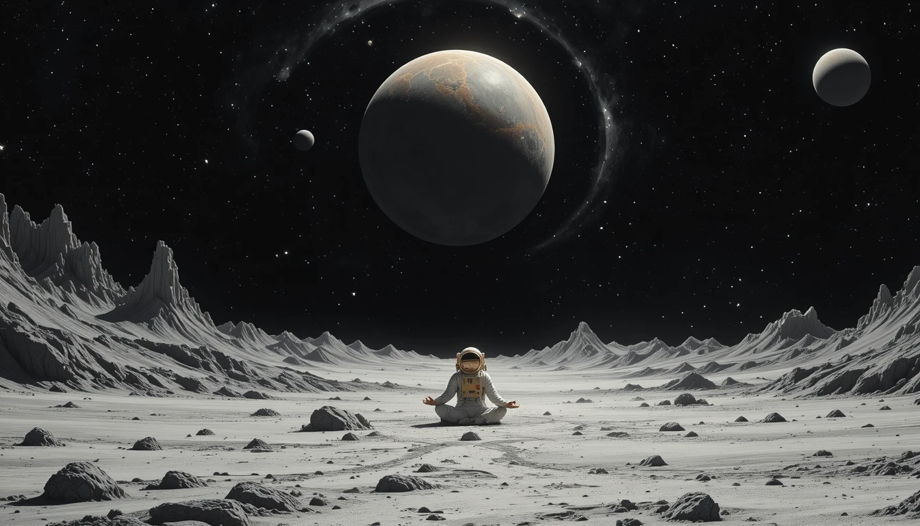 Astronaut meditiert in einer friedlichen außerirdischen Zen‑Landschaft