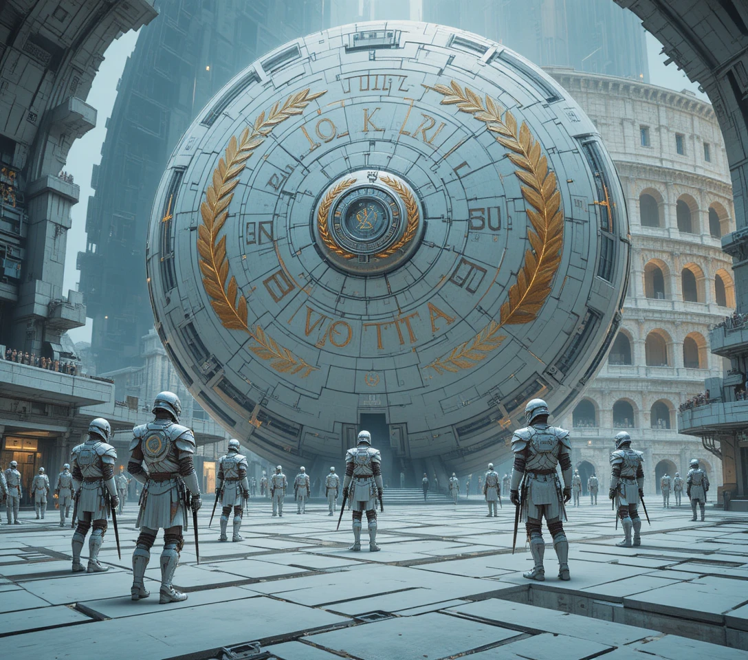 Futuristic Roman spaceport with colossal disc spacecraft landing