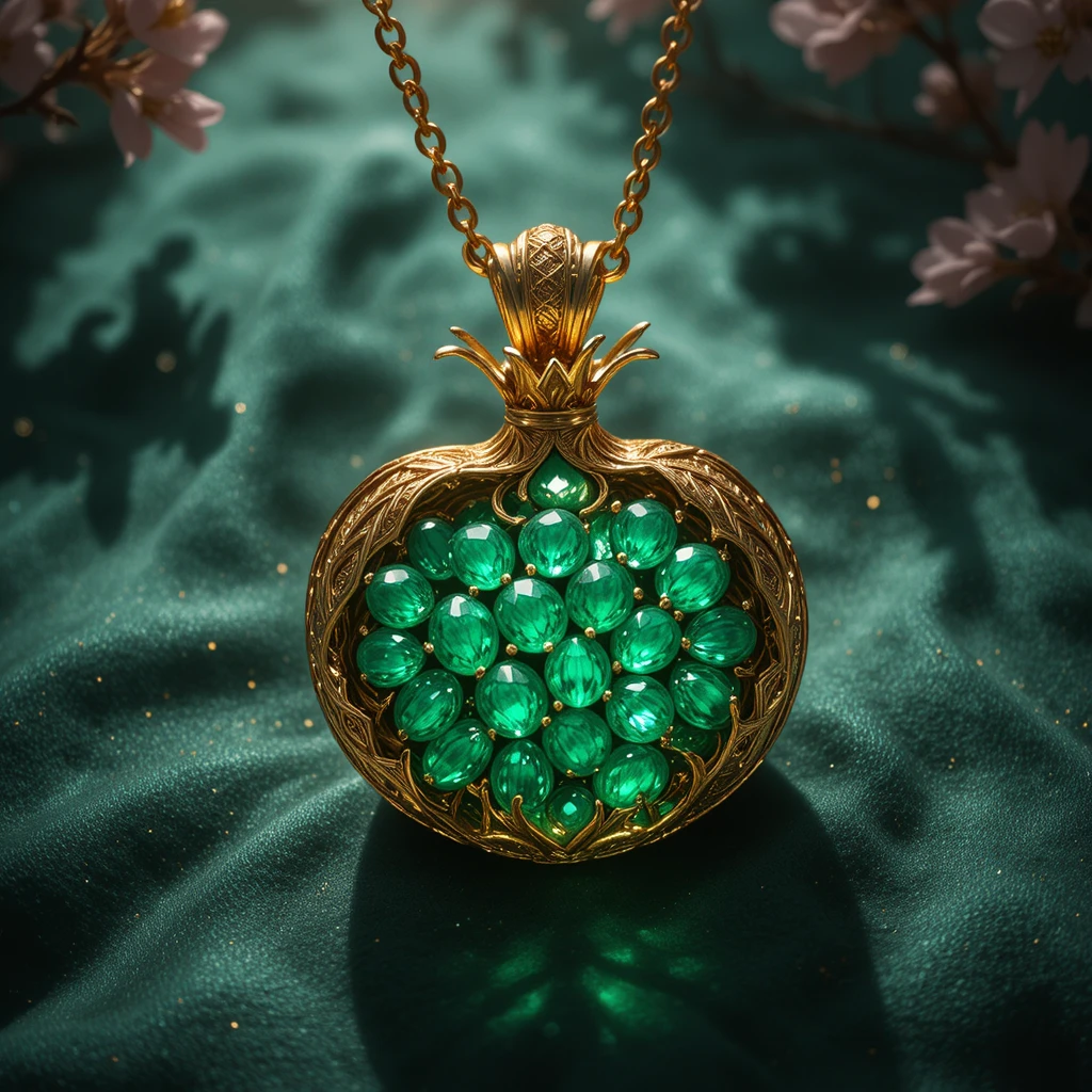 Colar de romã em ouro com esmeraldas sobre veludo