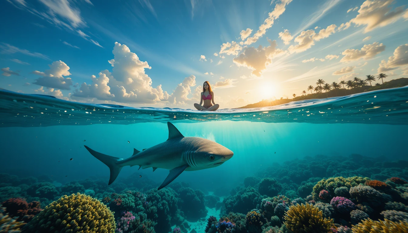 Vista divisa cinematografica di uno squalo tropicale e cielo al tramonto