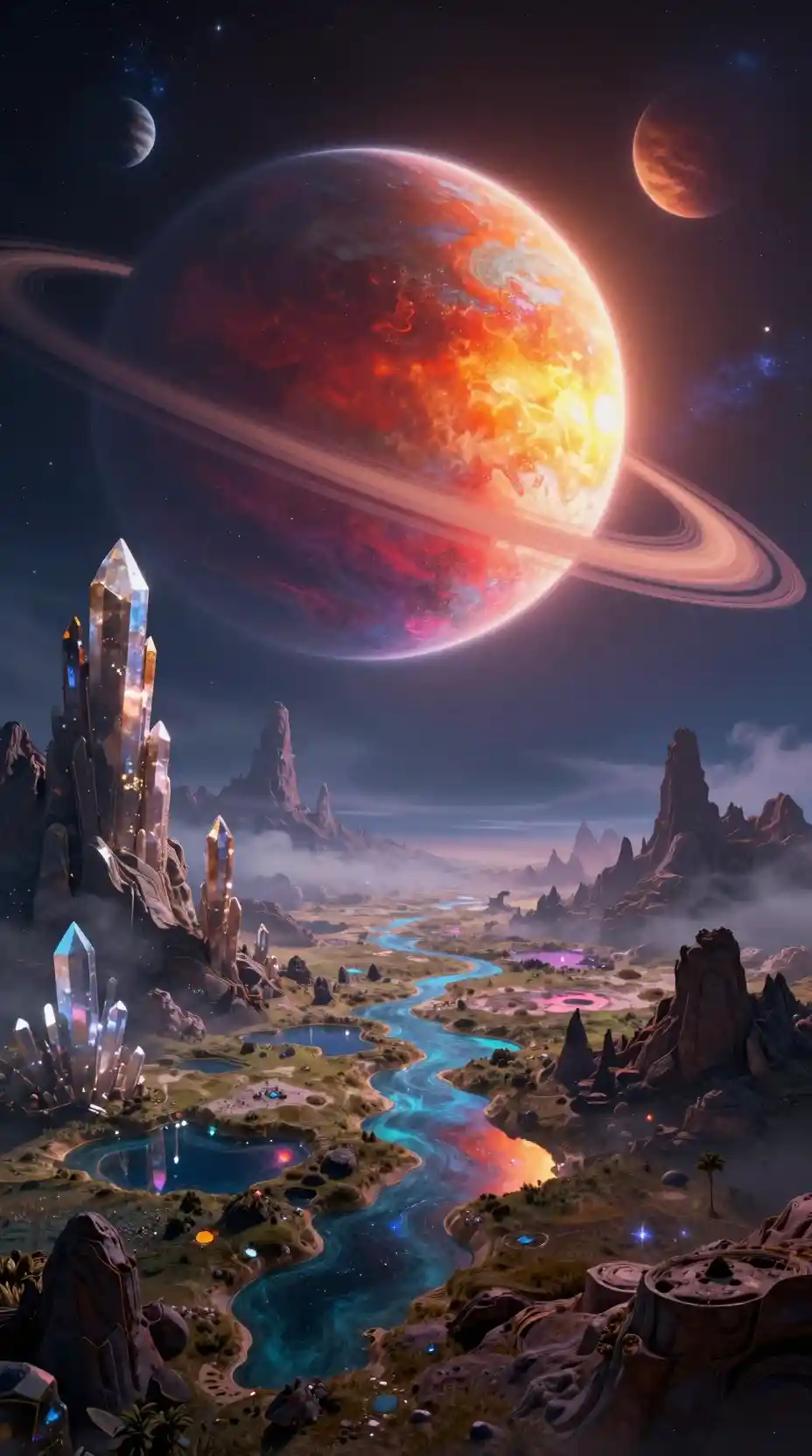 Alien ringed planet above rocky pools and crystal spires