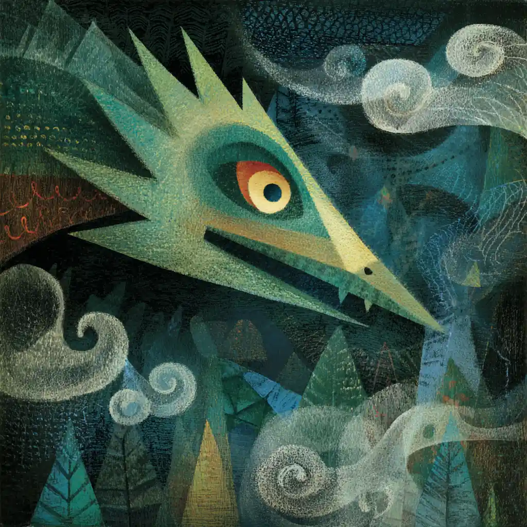 Surreal dragon wandering through mist in a dreamy landscape