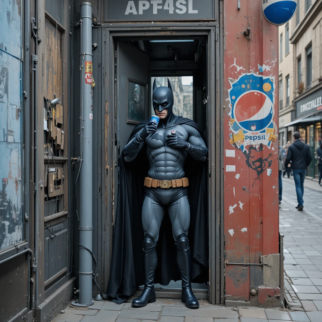 Super-herói bebendo refrigerante ao lado de seu carro na rua da cidade