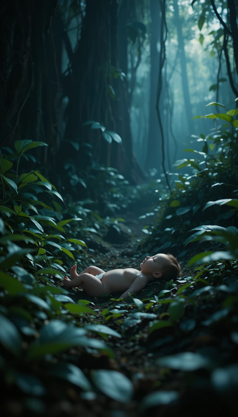 Recém-nascido deitado sozinho em uma selva escura