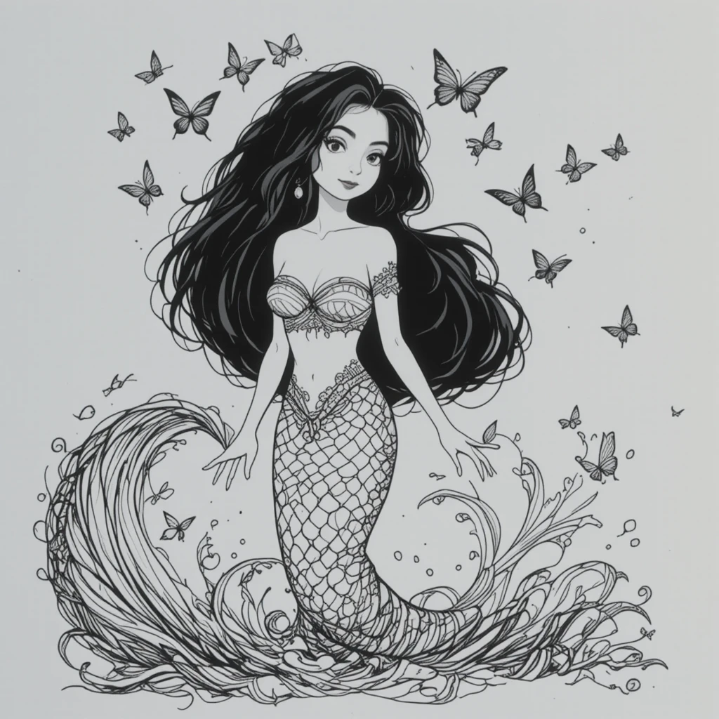 Desenho estilizado de sereia com cabelo esvoaçante e borboletas