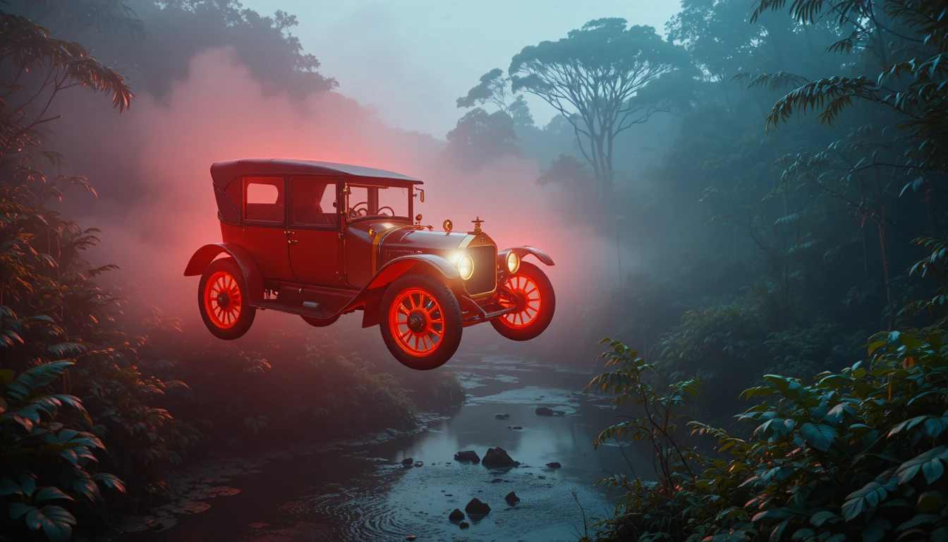 Carro iluminado por neon flutuando sobre um rio enevoado na selva
