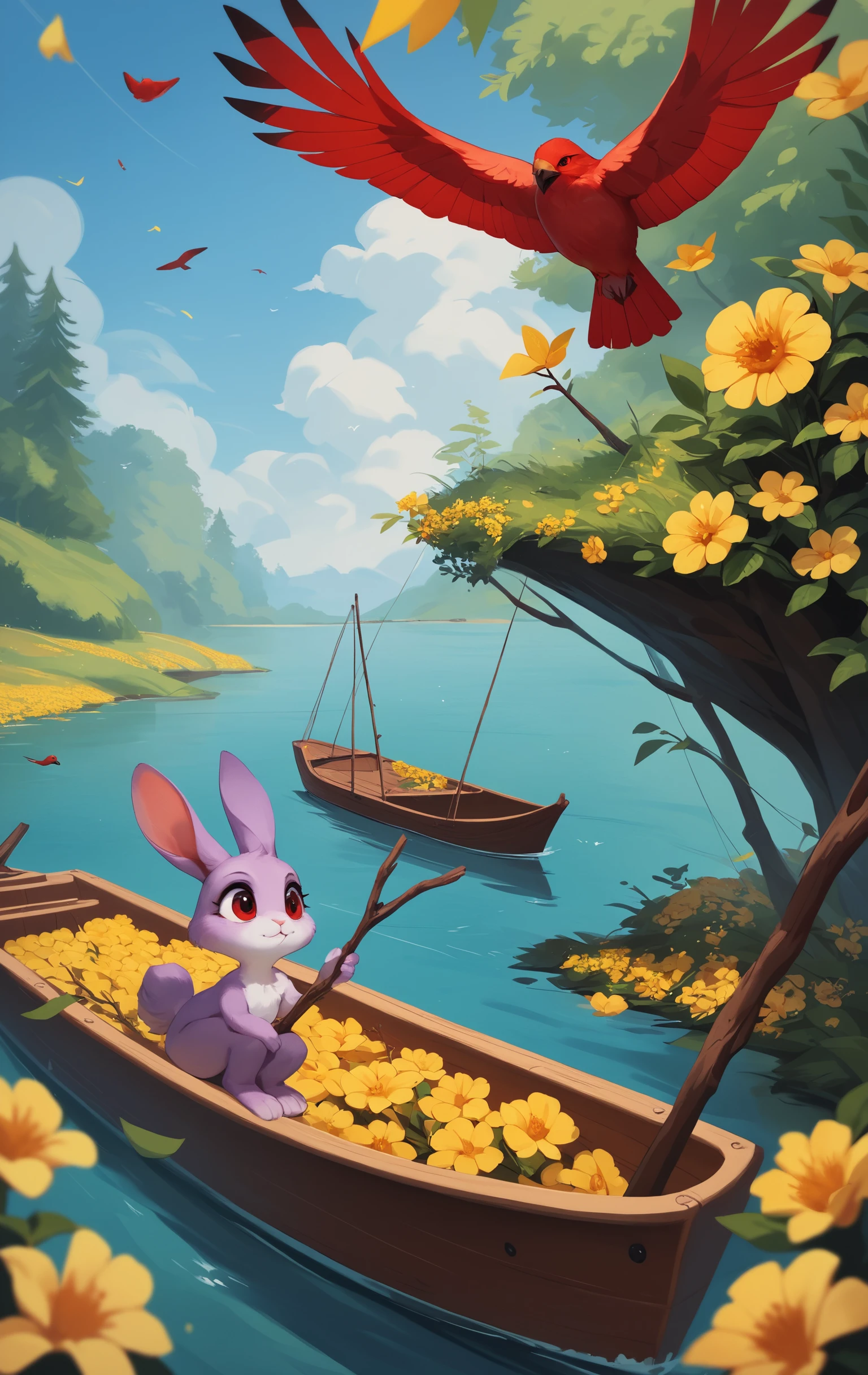 Coelhos coloridos escondidos entre folhas e flores de verão