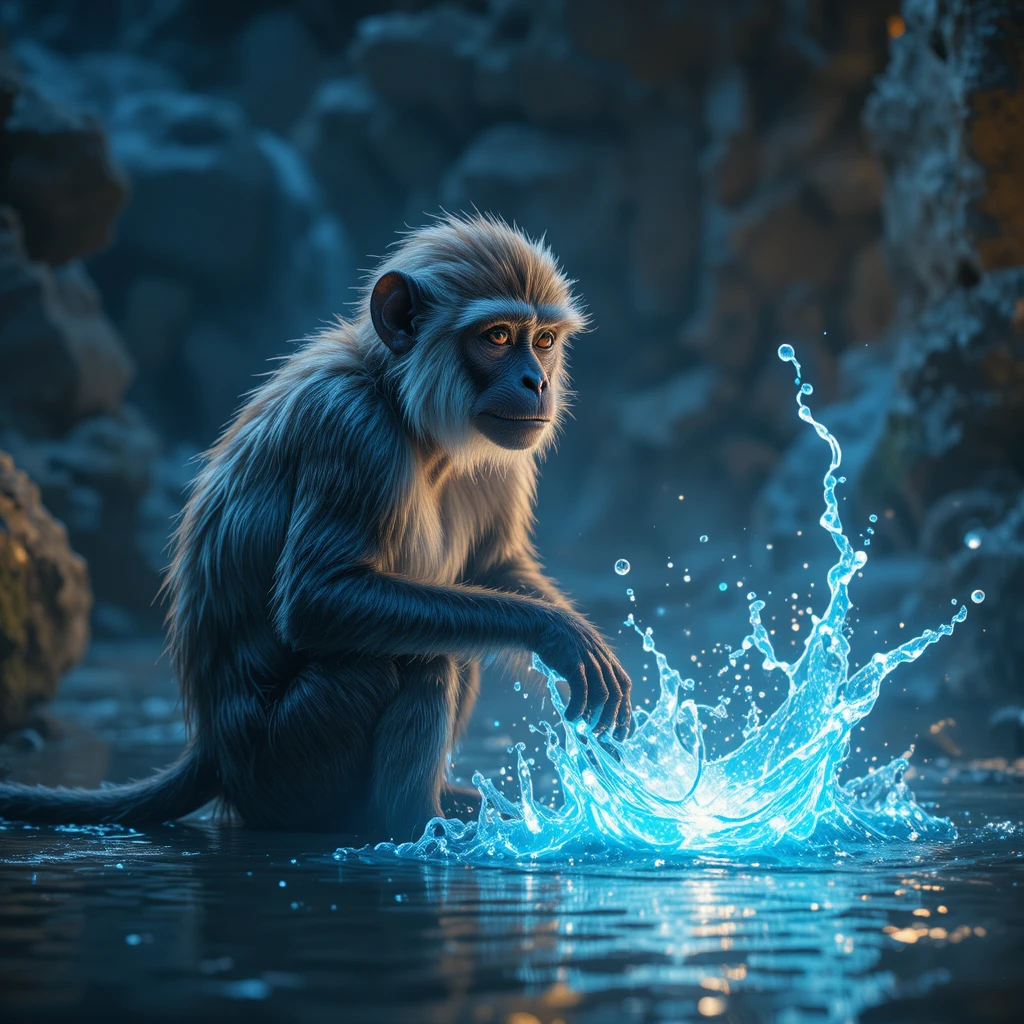 Affe ruht neben leuchtendem magischen blauen Wasserbecken