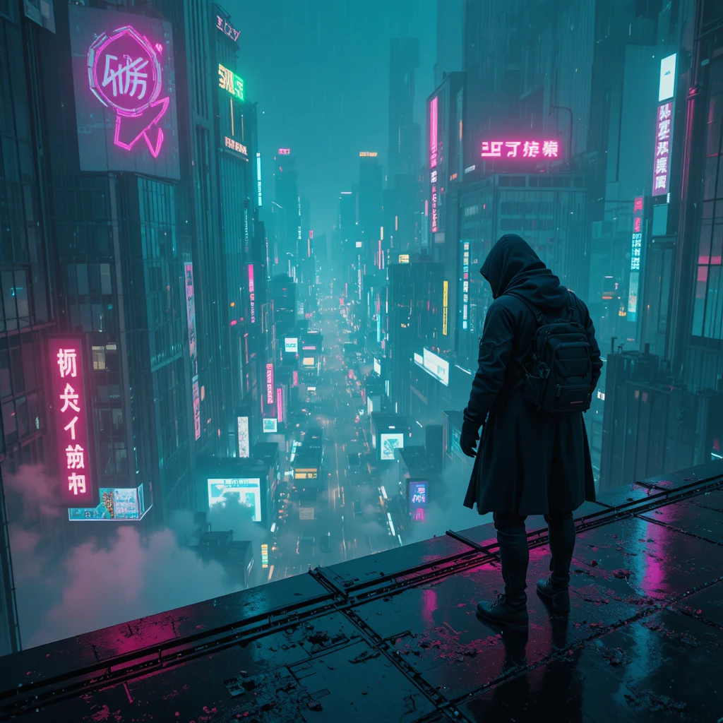 Hooded traveler overlooking a neon cyberpunk city at night