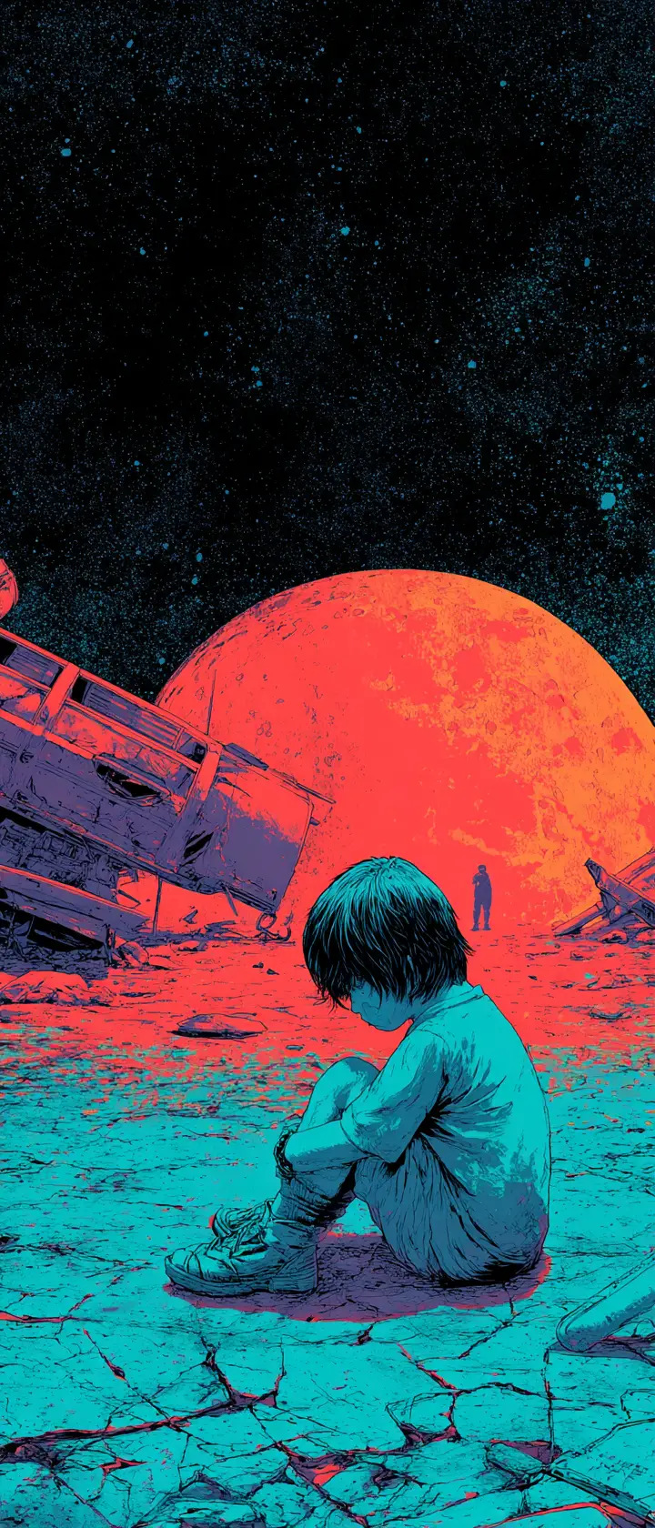 Bambino alieno su una luna crepata che osserva la lontana Terra