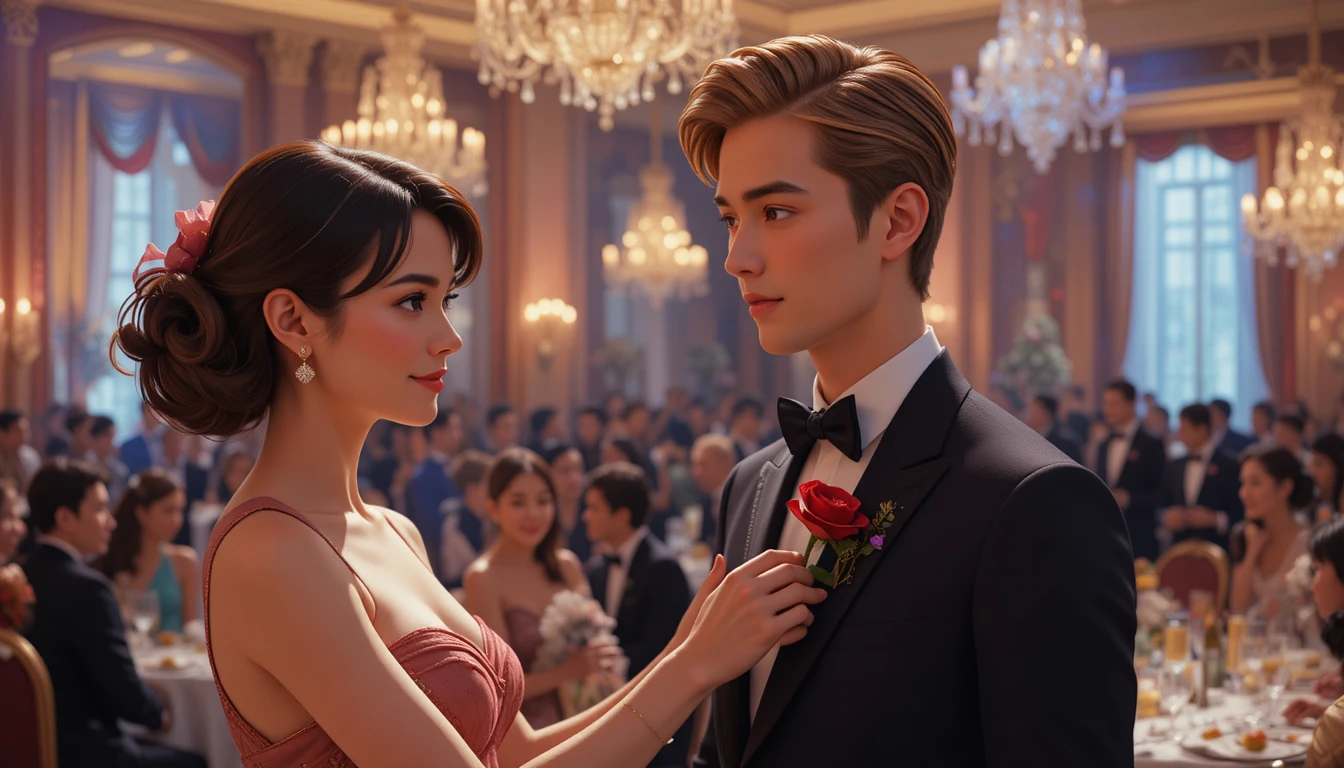 Elegant professor pinning a rose on a young man