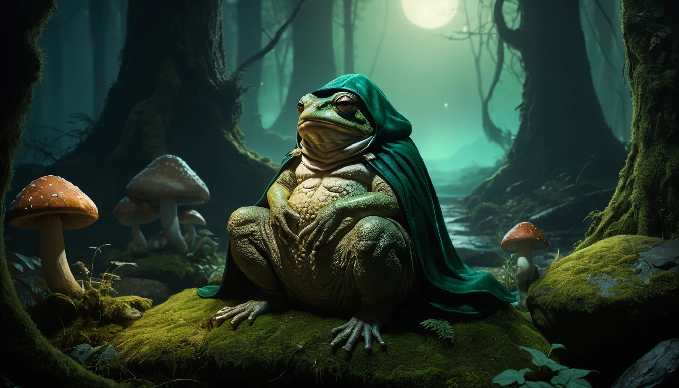 Crapaud mystique encapuchonné sur pierre ancienne dans une forêt au clair de lune