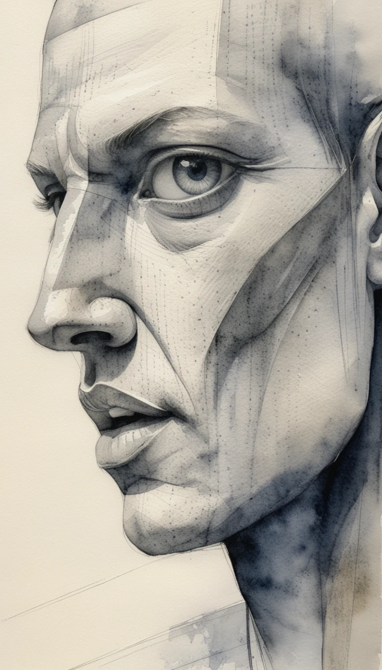 Retrato de perfil arquitetônico em grafite e carvão com inspiração cubista