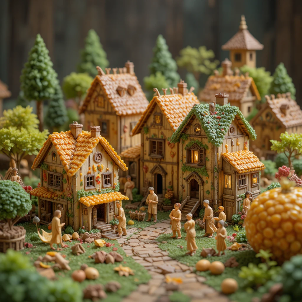 Villaggio di Cibo in Miniatura con Umani che Costruiscono Piccole Case