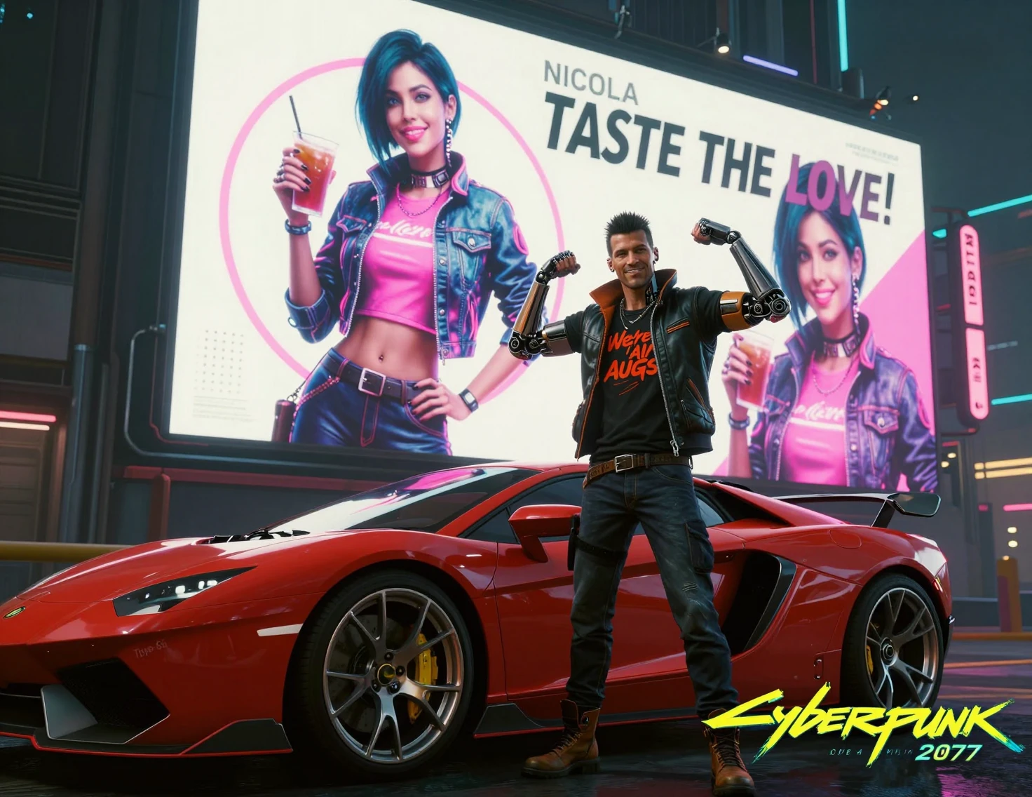 Cyberpunk man posing by red sports car under neon billboards