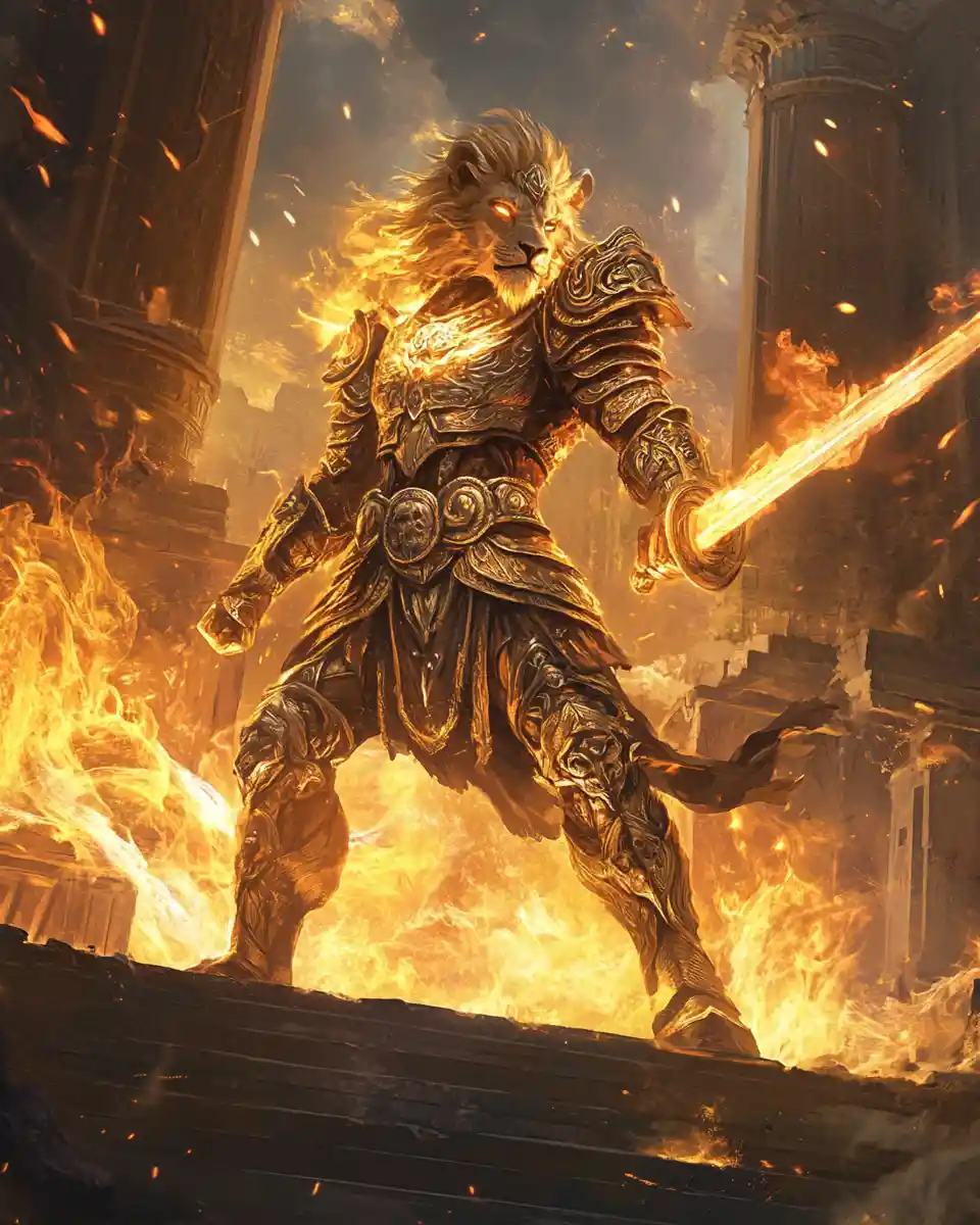 Lion sun king in radiant armor on ruined temple platform