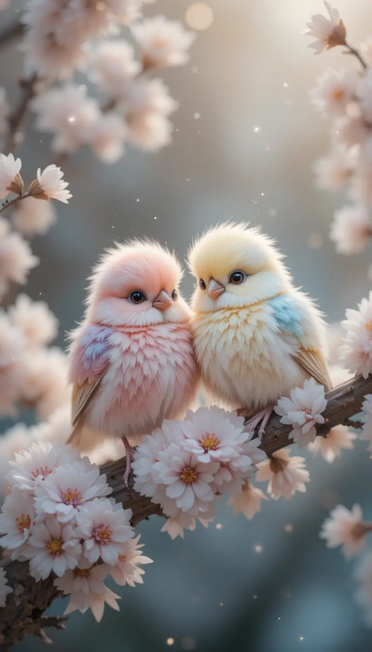 Colorful fluffy birds resting on soft birch branches