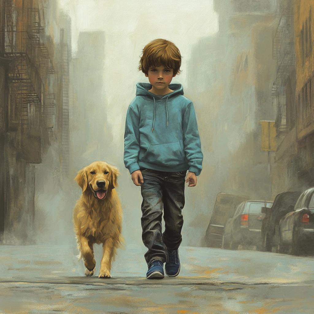 Menino e cachorro caminhando por uma rua urbana enevoada
