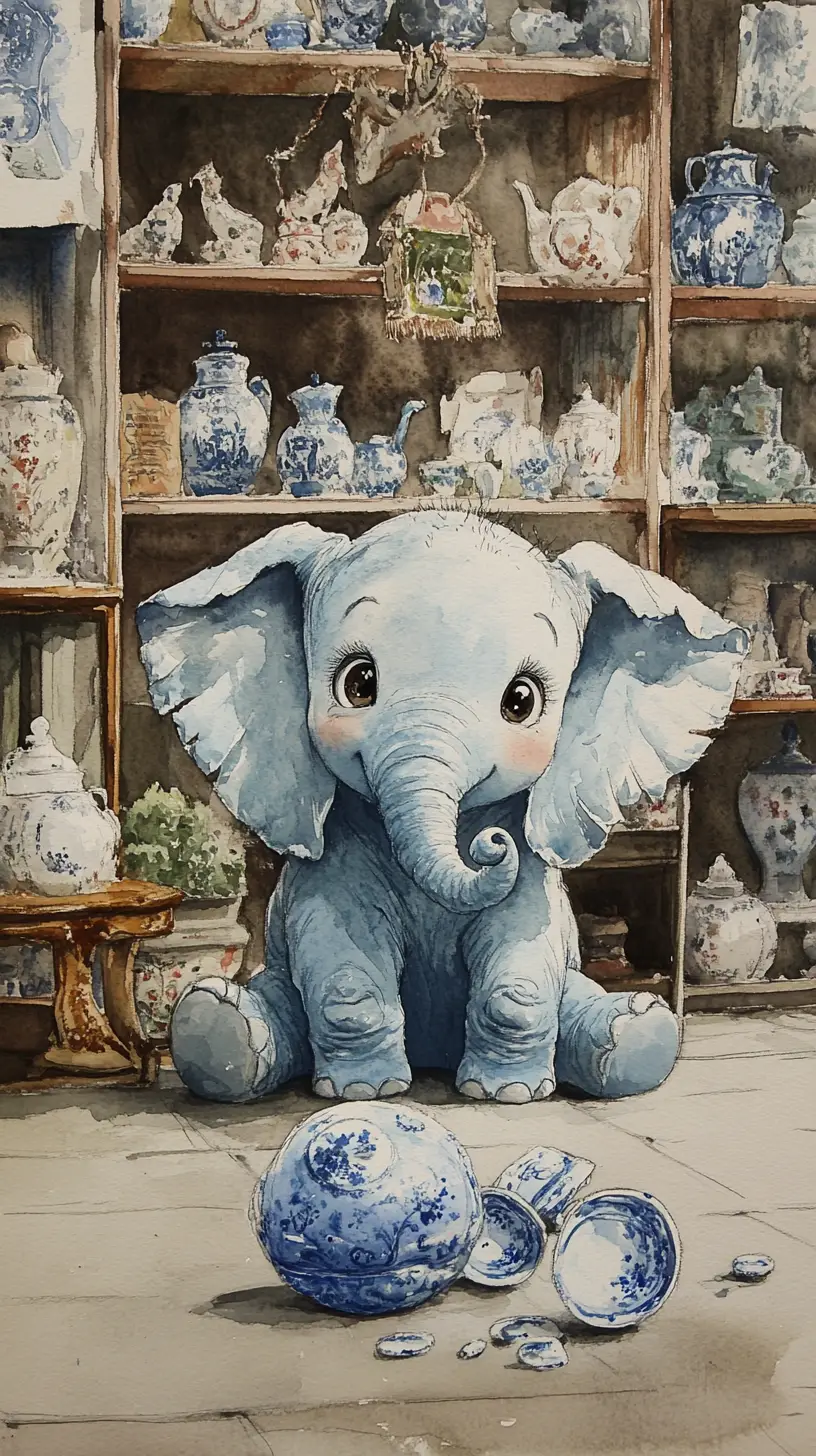 Süßer Elefant sitzt in einem Porzellanladen – Aquarellszene