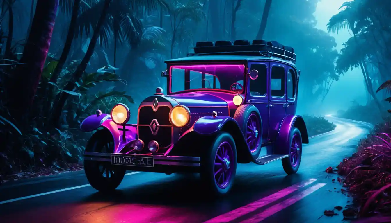 Floating neon car above an ocean jungle at night
