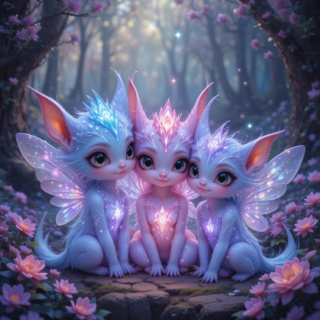 Whimsical Fairy Creatures In A Glowing Enchanted Forest