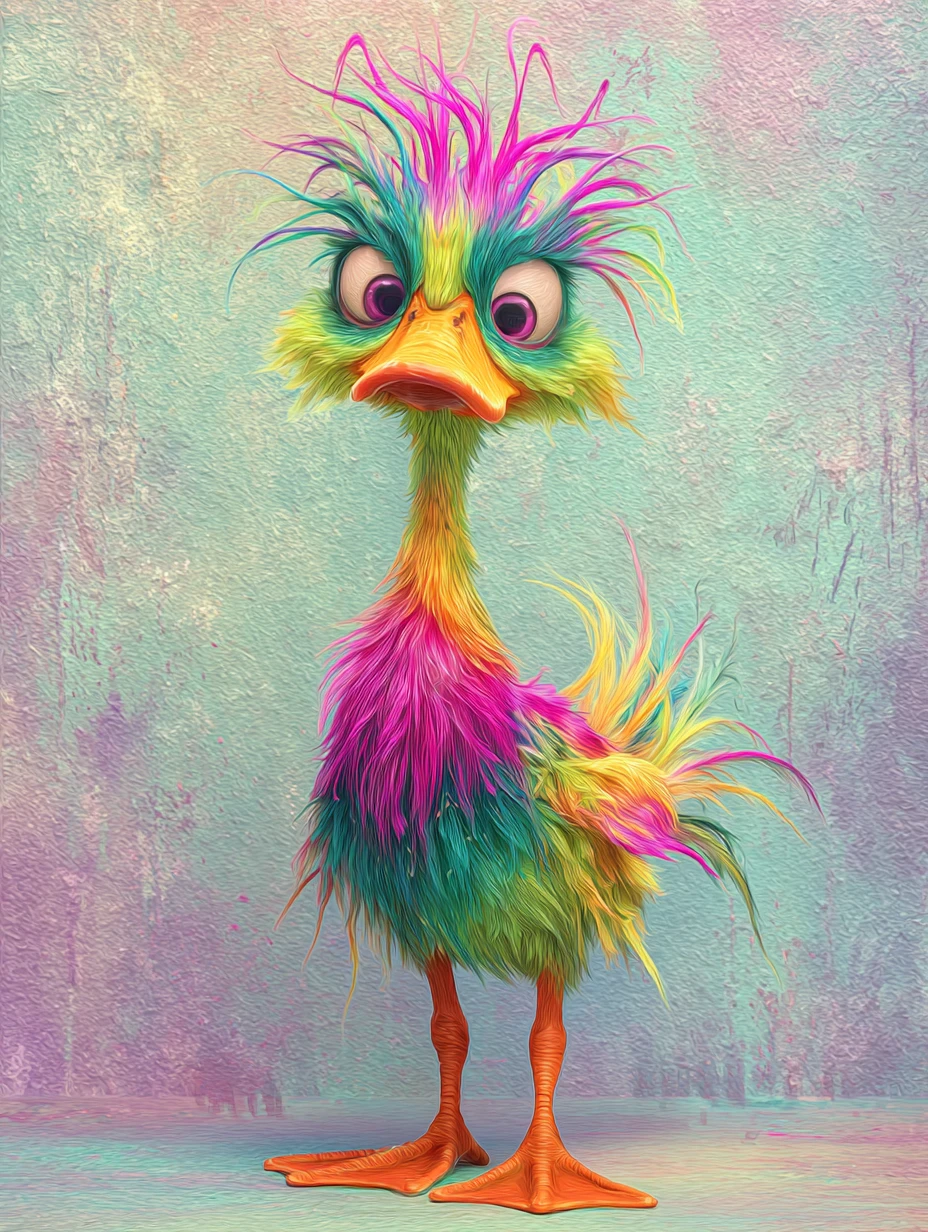 Pato de desenho neon com expressão ansiosa em parede em tons pastéis