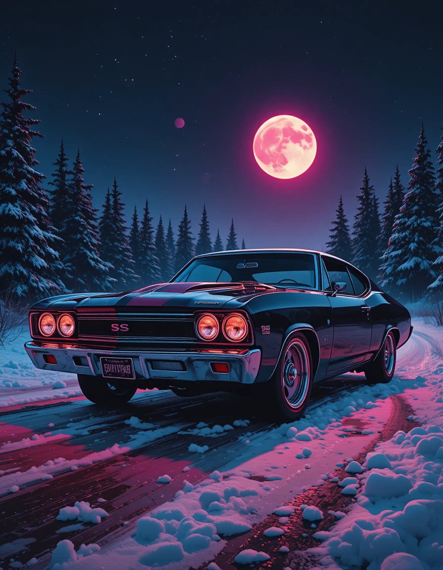 Farbenfrohes Neonposter eines klassischen Muscle-Cars in der Dämmerung