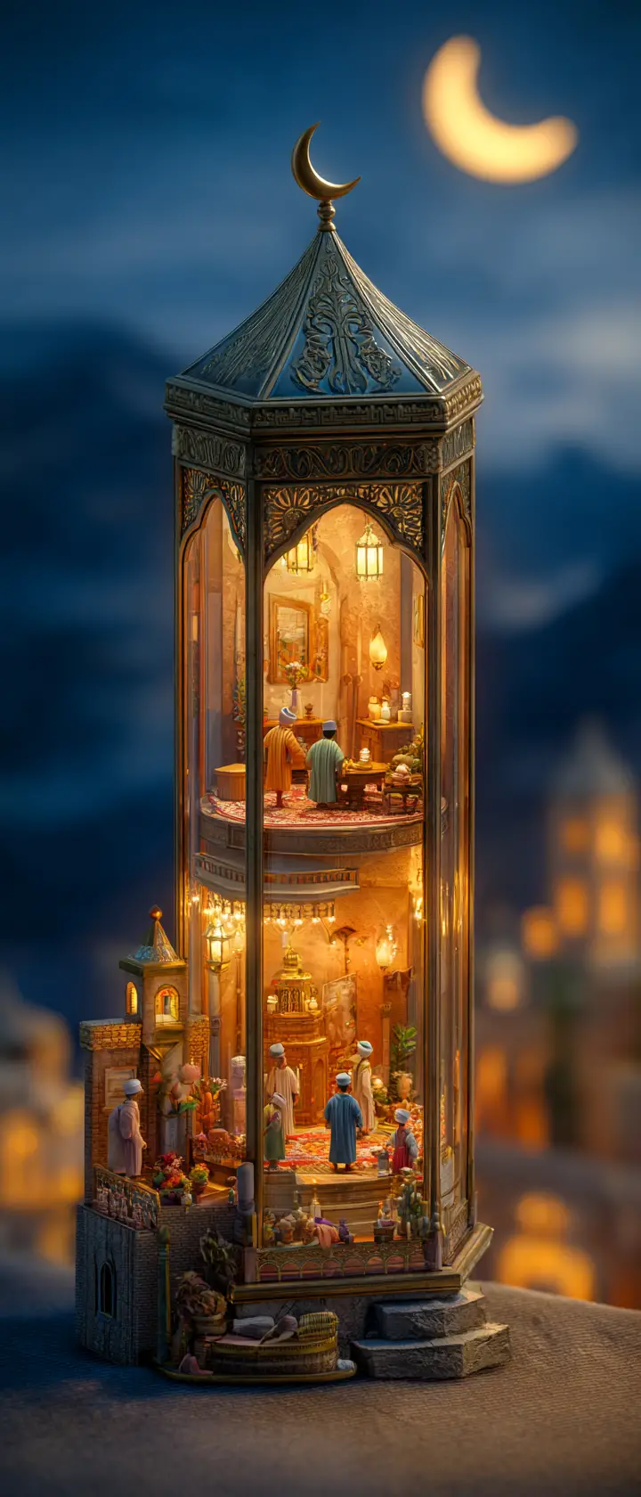 Village miniature de l’Aïd brillant à l’intérieur d’une lanterne ouverte ornée