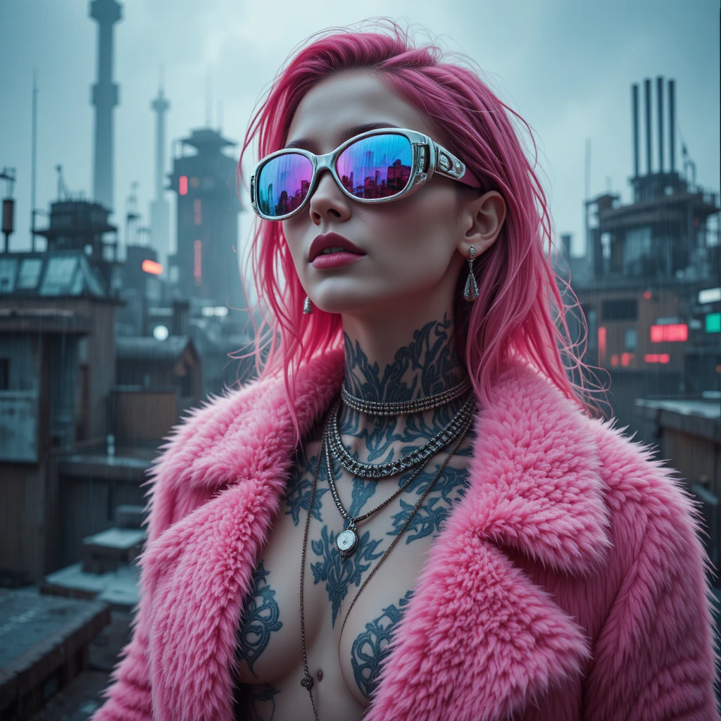Portrait cinématographique cyberpunk d’une femme en manteau de fourrure rose