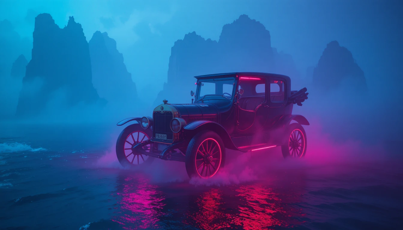Carro de néon flutuando sobre um oceano enevoado à noite