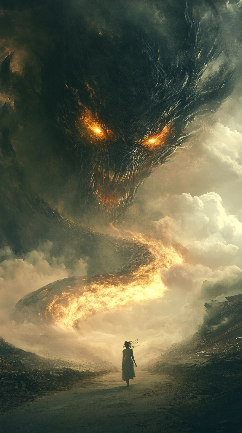 Woman walking toward colossal monster fused with tornado