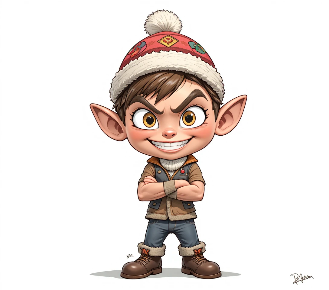 Duende divertido em estilo cartoon com roupa de inverno festiva