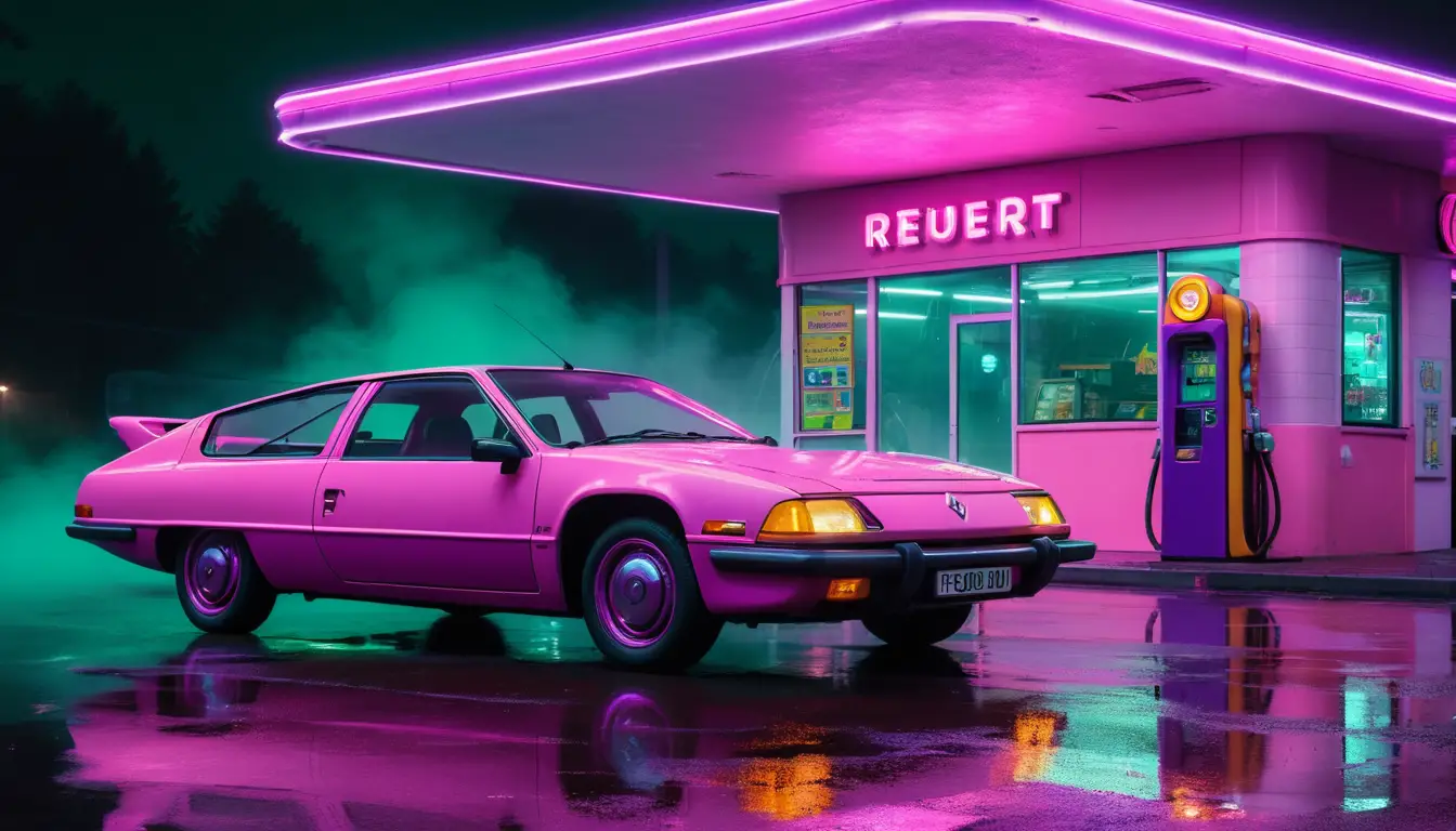 Futuristic neon gas station with vintage car in foggy night