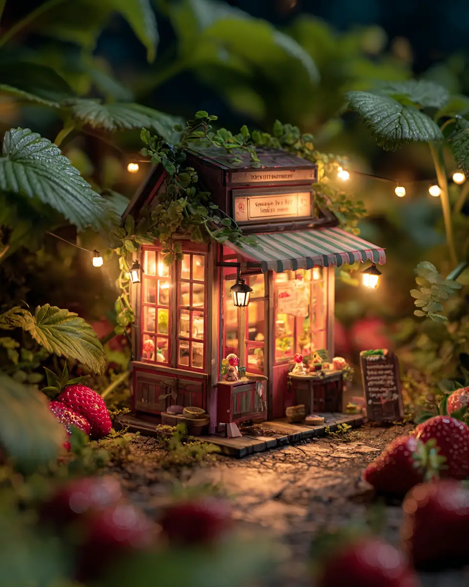 在暮色中柔和發光的小草莓咖啡館