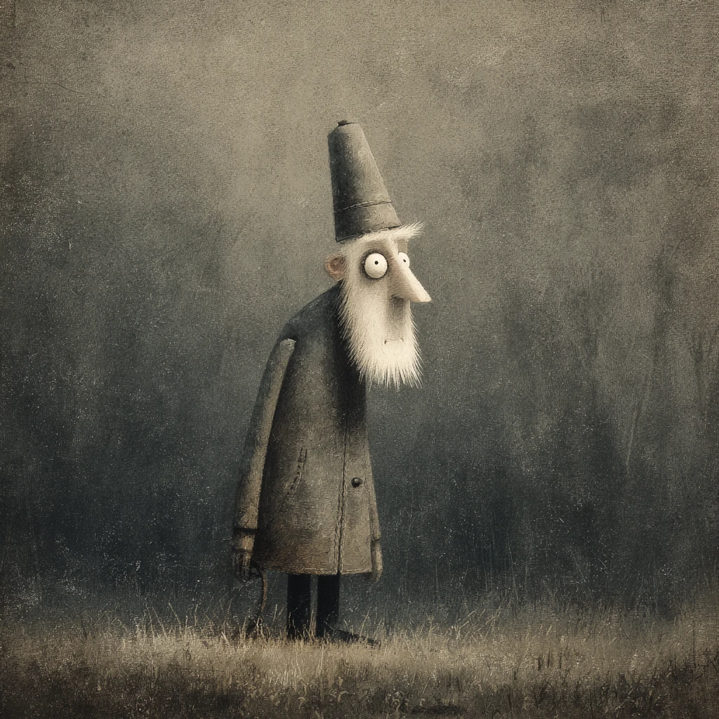 Retrato surreal de um velho pescador em meio à névoa e a lápis de cera