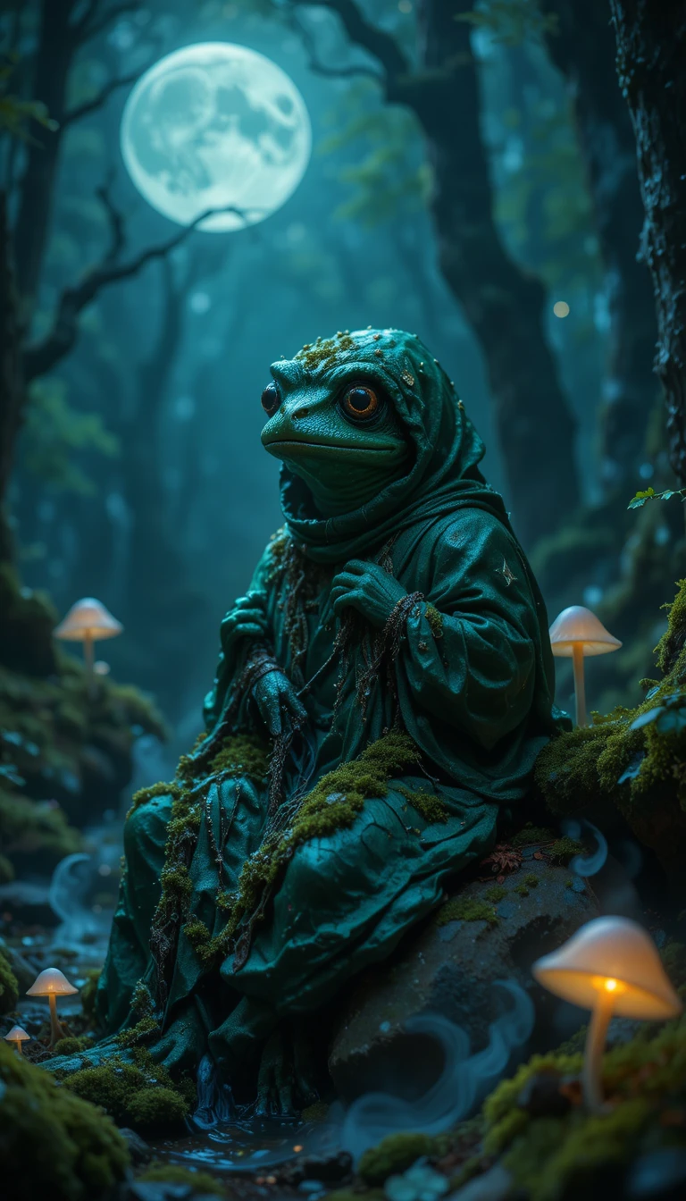 Crapaud mystique à capuchon sur pierre ancienne dans une forêt au clair de lune