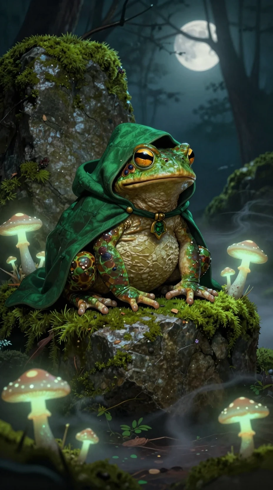 Crapaud mystique encapuchonné sur pierre ancienne dans une forêt au clair de lune