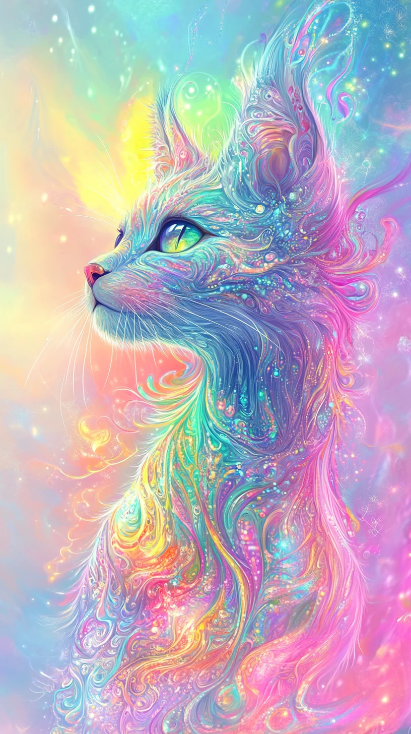 Cartoon cat close up on a rainbow abstract background