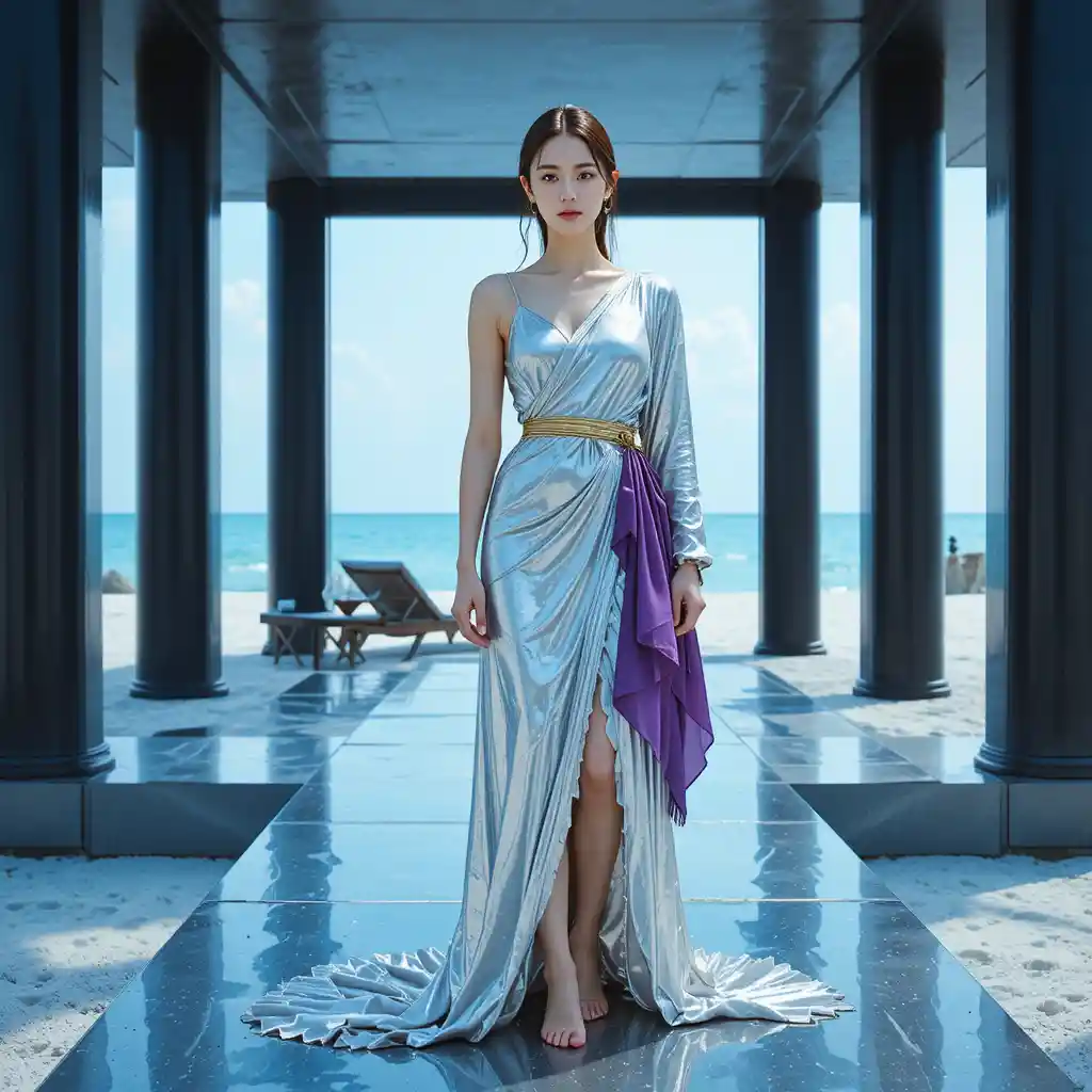 Donna coreana in abito avvolgente metallico su una passerella di spiaggia color platino