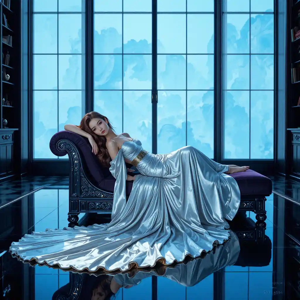Donna coreana in abito di seta color platino su chaise in ossidiana