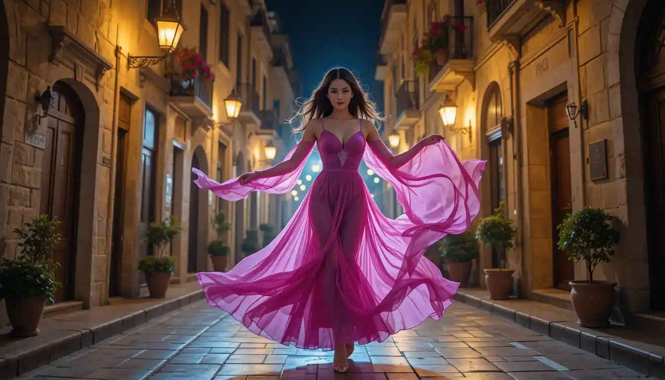 Woman dancing in a glowing mediterranean alley at night