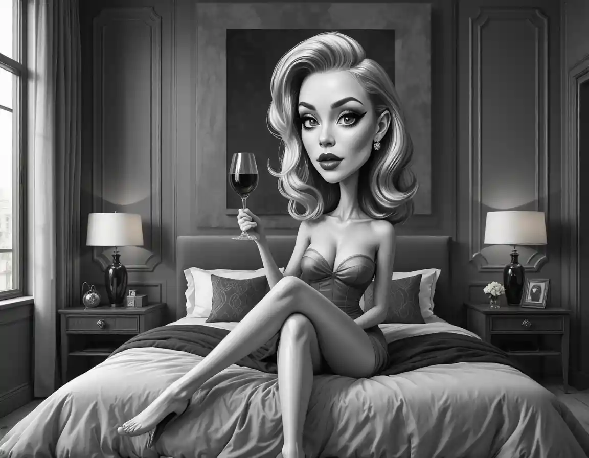 Mujer sensual en blanco y negro en dormitorio moderno