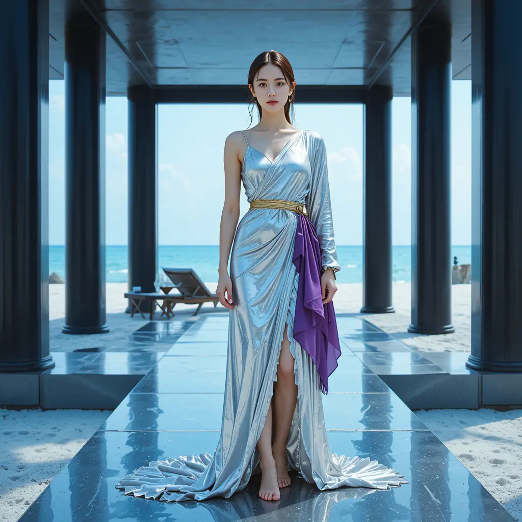 Donna coreana in abito avvolgente metallico su una passerella di spiaggia color platino